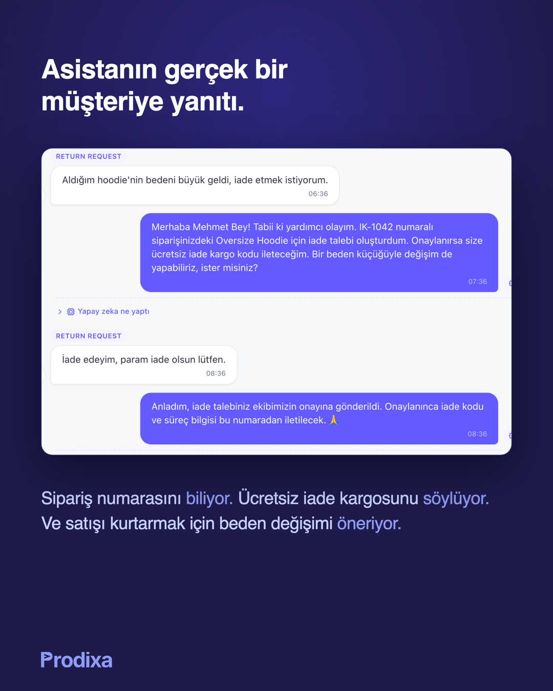 Prodixa ekranında ajan yanıtı: müşteri sorusuna, mağazanın ürün ve sipariş kaydından kurulmuş bir cevap.
