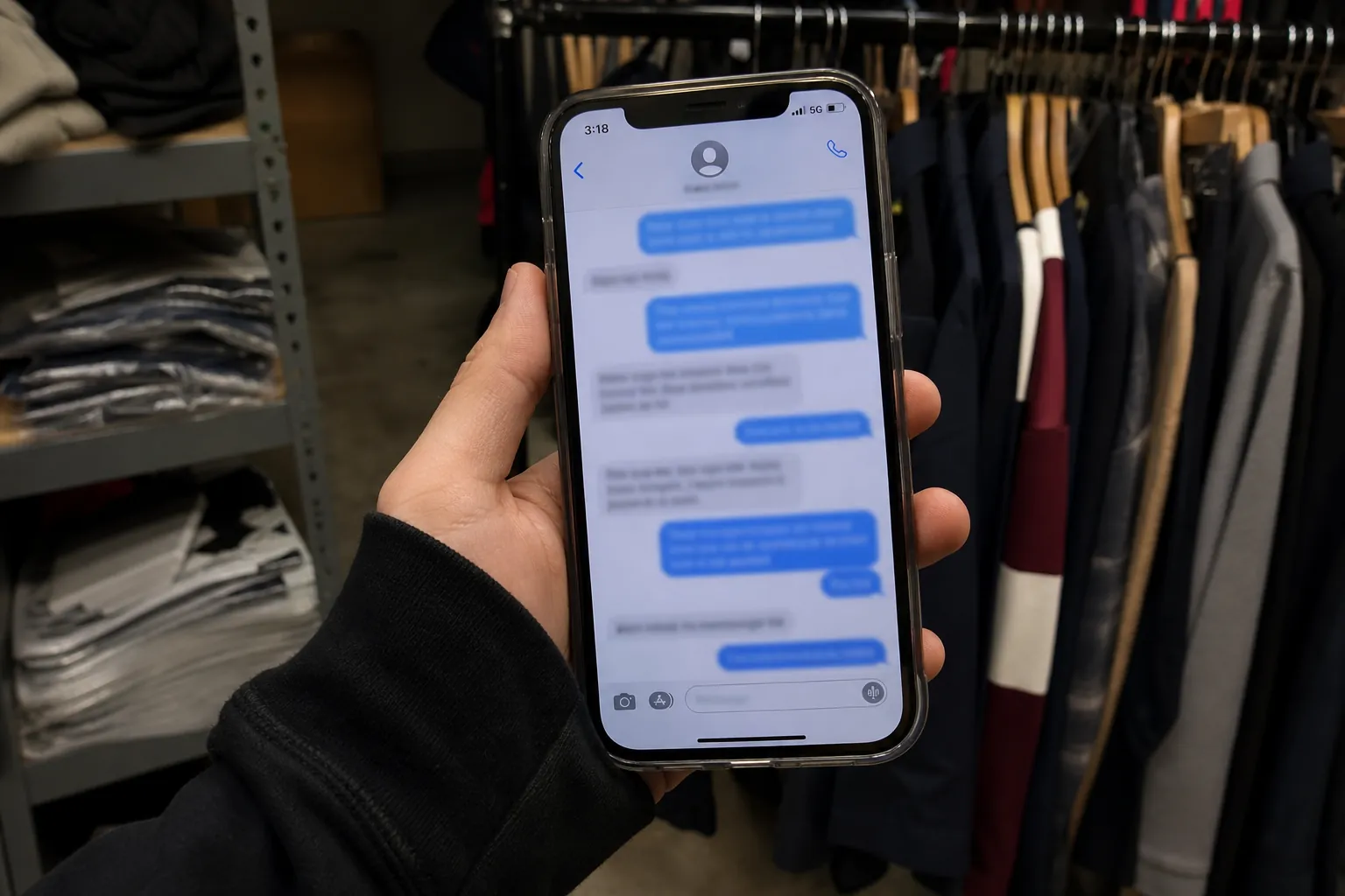 Stok odasında telefonla mesajlaşan satıcı — Instagram DM ayrı bir dükkân değil, aynı siparişin ikinci kapısı.