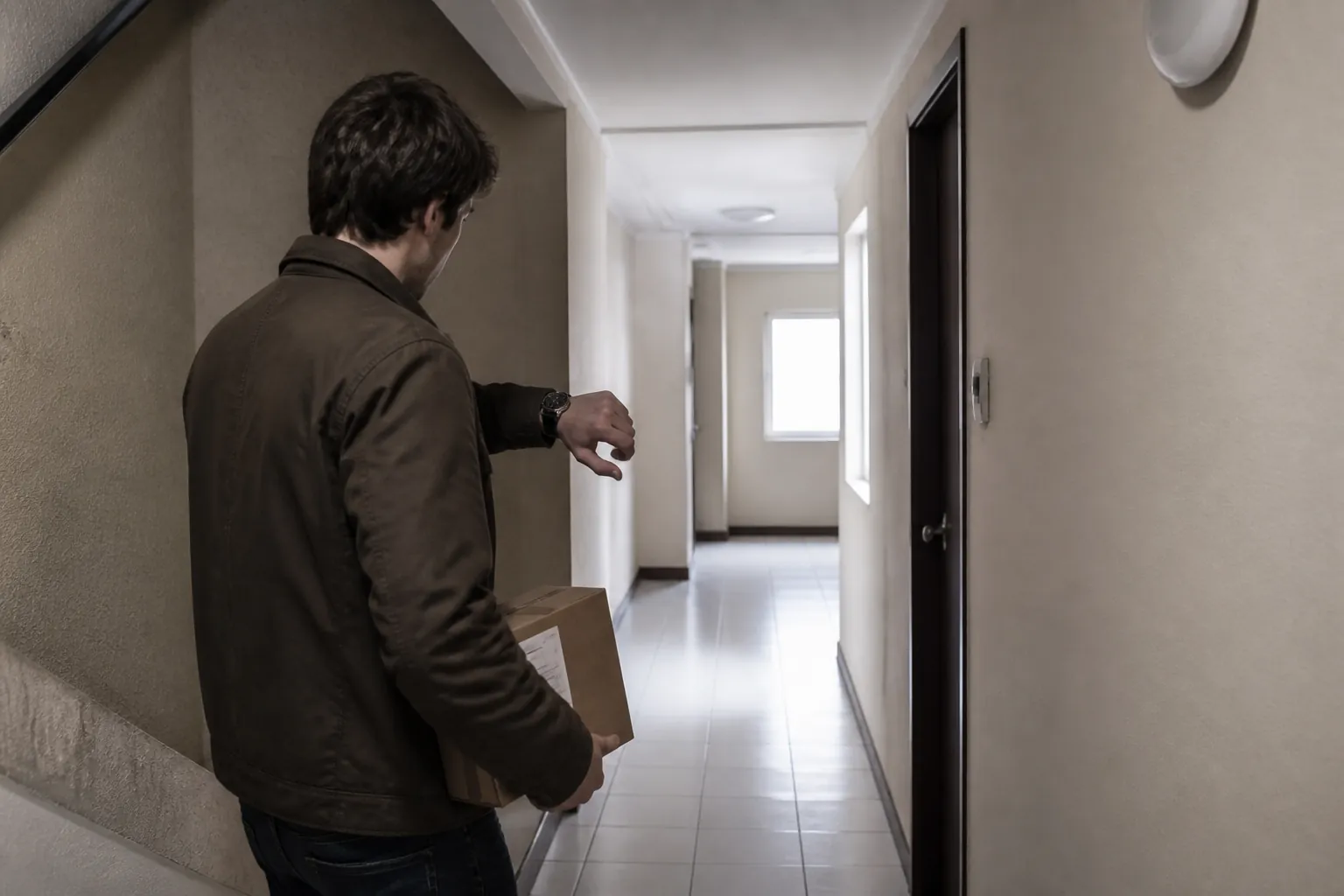 Kapıda paket bekleyen kişi ve saat — gecikme cevabı yeni bir tarih uydurmaz, taşıyıcı kaydını aktarır.